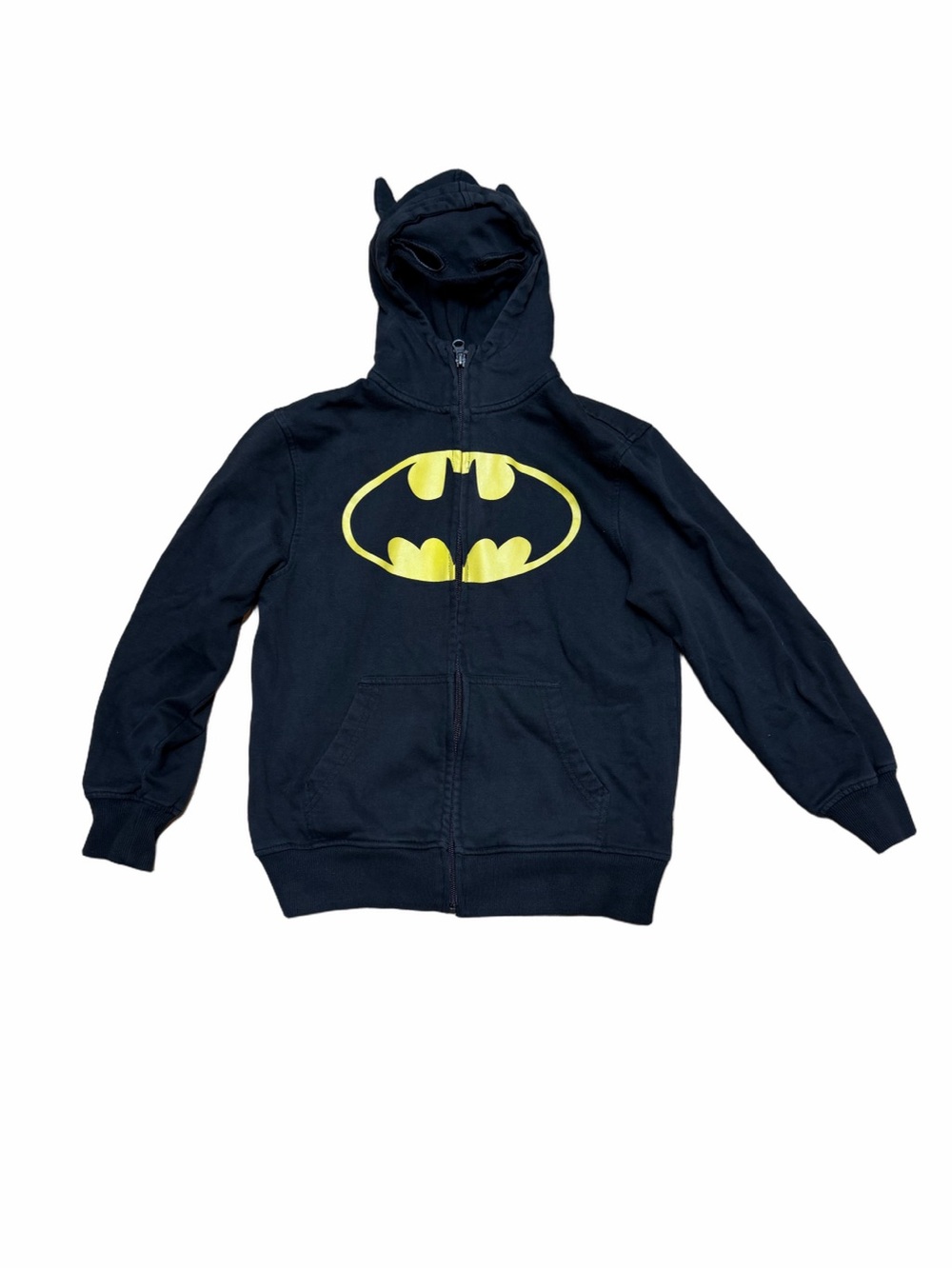 Batman Boys M 7/8 Black Yellow Full Zip Hoodie Bat Ears Logo Fleece Pockets